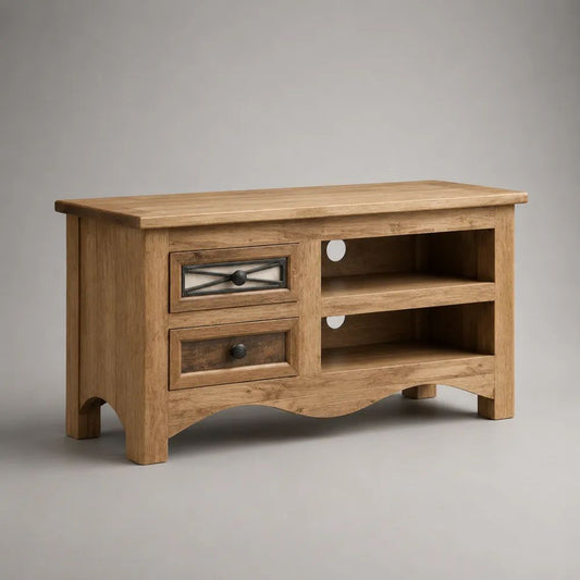 Mobile TV rettangolare in legno massello di mango marrone chiaro e nero, 100 x 45 x 65 cm, con 2 cassetti e 2 vani aperti