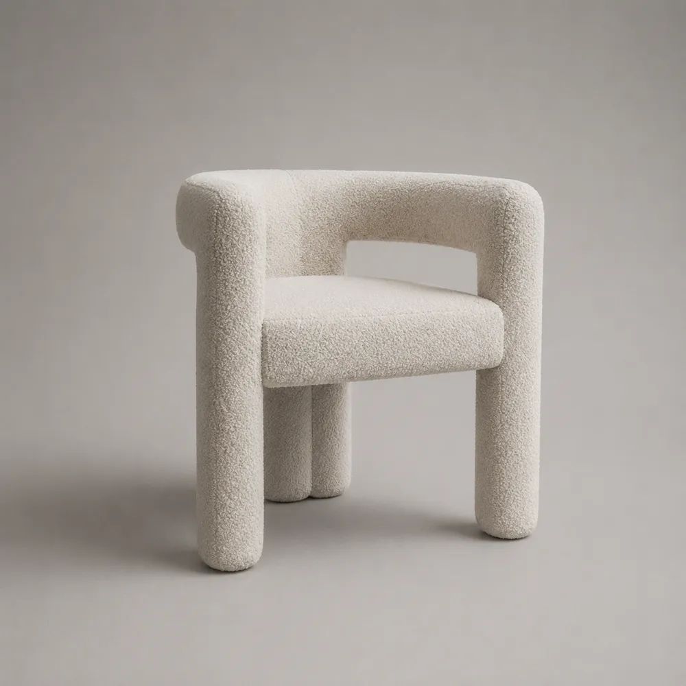 Poltrona a pozzetto in bouclé di poliestere avorio con schienale avvolgente, 72 x 68 x 76 cm