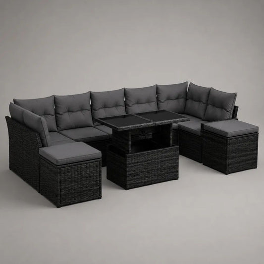 Set salotto da esterno 4 pezzi in polyrattan PE nero con divano angolare, tavolo e 2 sgabelli, 260 x 190 x 75 cm