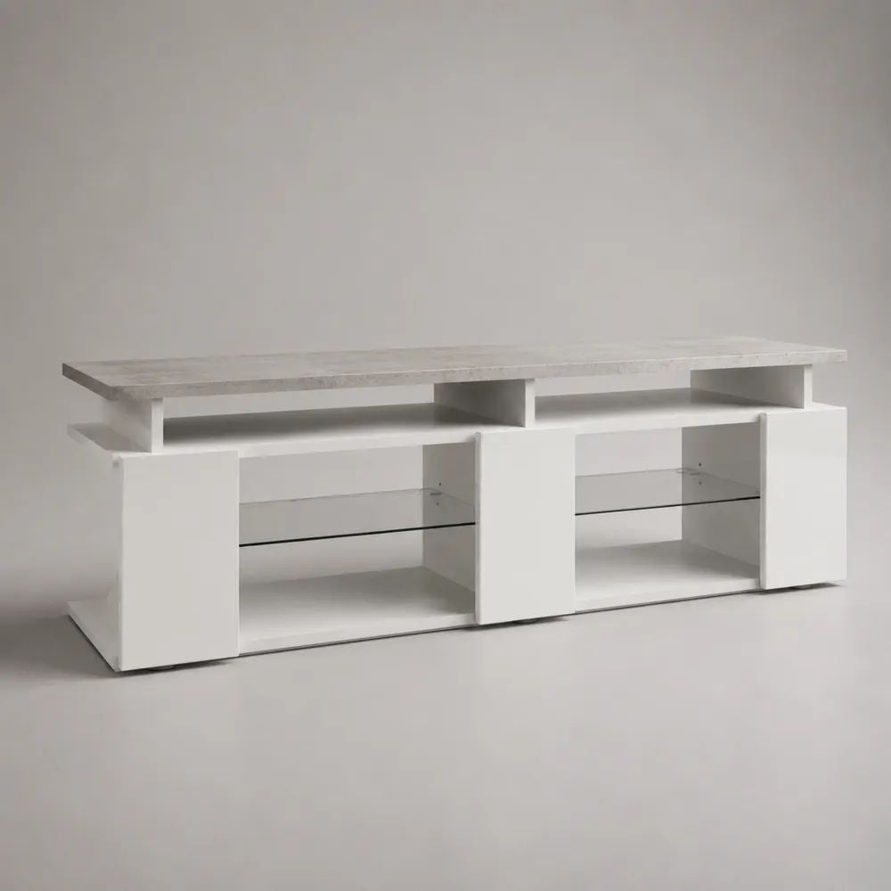 Mobile TV in legno e vetro, bianco e grigio chiaro effetto marmo, 180 x 40 x 70 cm