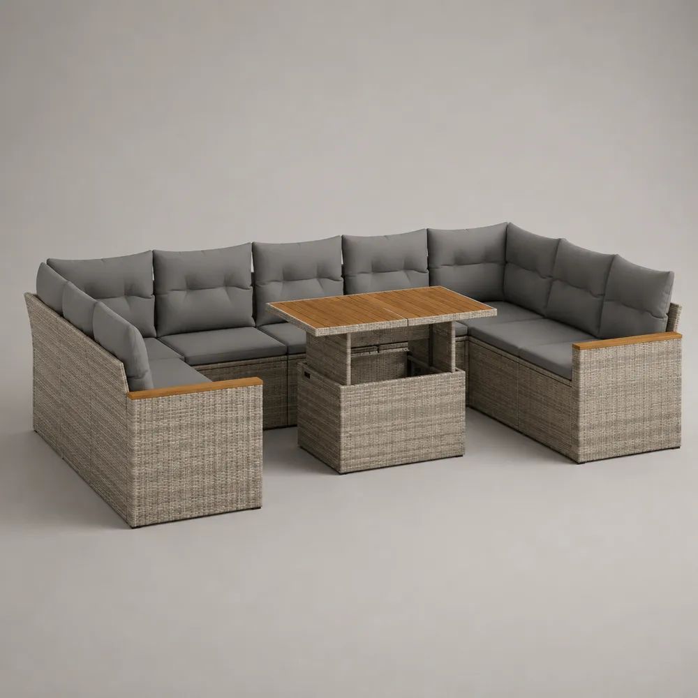 Set salotto da giardino a 7 posti con divano angolare a U e tavolo elevabile in rattan PE grigio, tortora e marrone naturale, 280 × 210 × 85 cm