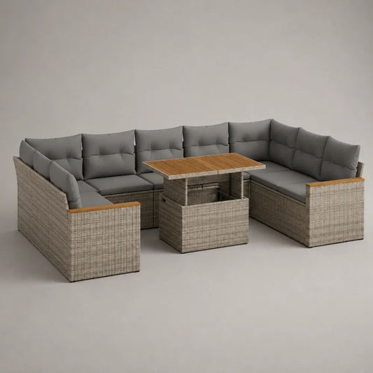 Set salotto da giardino a 7 posti con divano angolare a U e tavolo elevabile in rattan PE grigio, tortora e marrone naturale, 280 × 210 × 85 cm