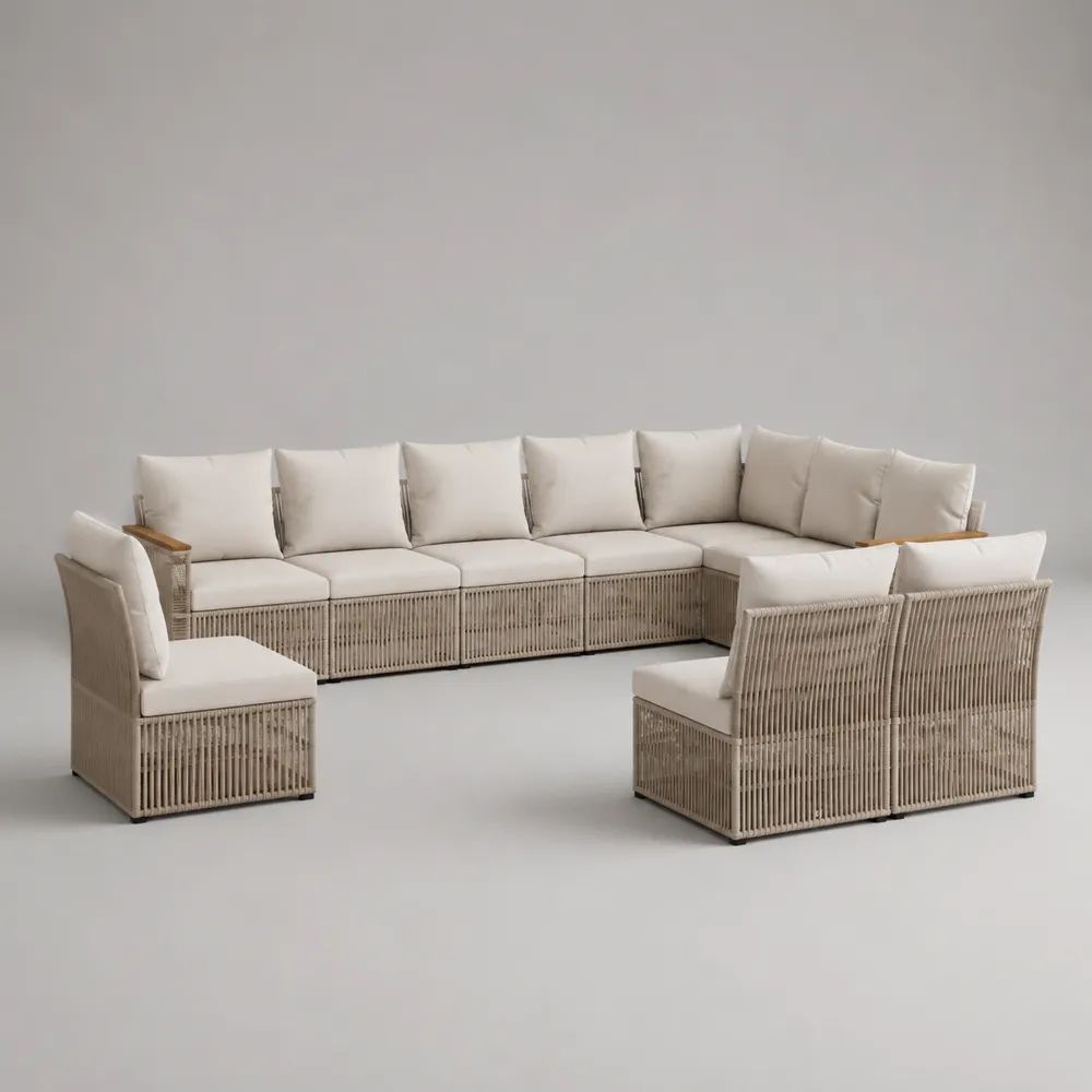 Set divano modulare da esterno a U 10 posti in alluminio e corda, beige e crema, 360 x 250 x 78 cm