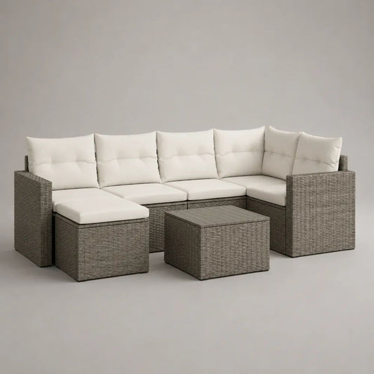 Set salotto da giardino 3 pezzi in polyrattan grigio e tessuto crema con divano angolare 6 posti, pouf e tavolino, 260 x 190 x 74 cm