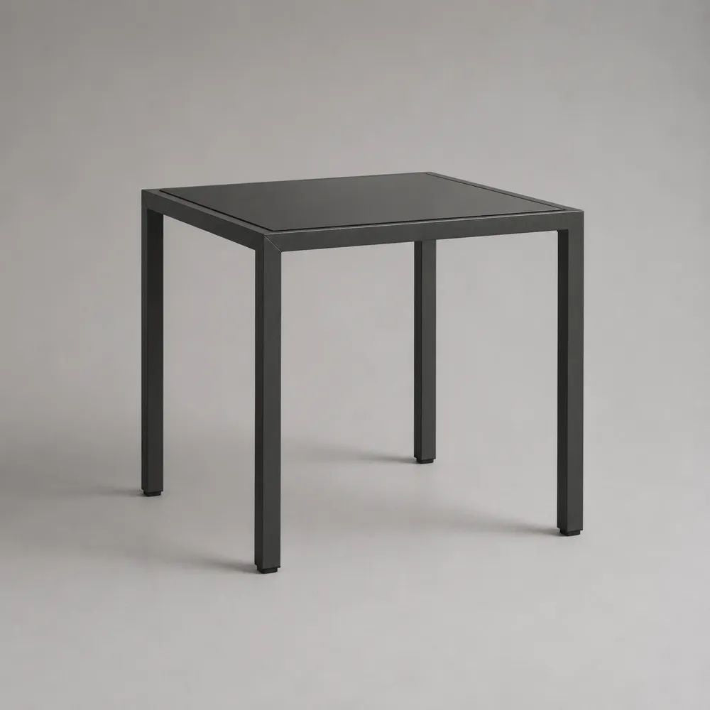 Tavolo da giardino quadrato in acciaio verniciato e vetro temperato nero, 80 x 80 x 75 cm