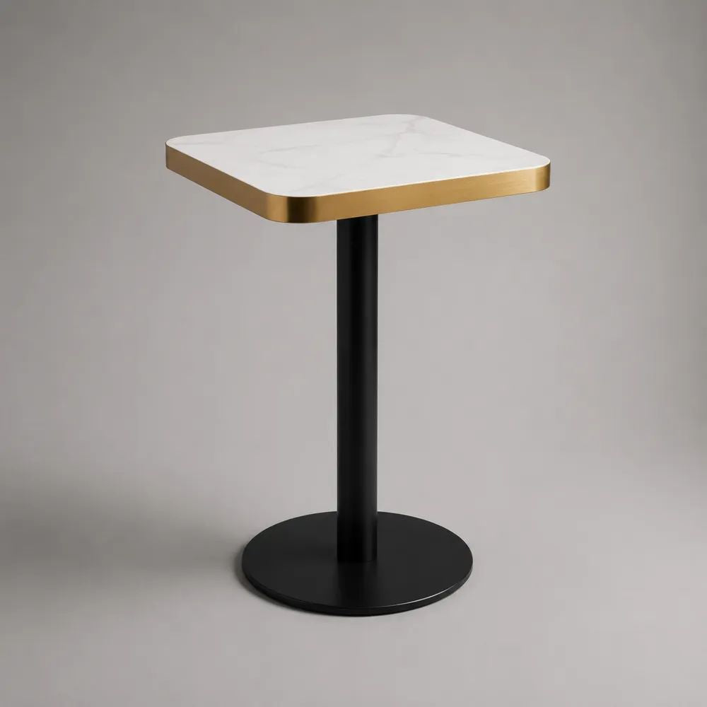 Tavolo da bar alto quadrato in MDF e acciaio, effetto marmo bianco, nero e oro, 60 × 60 × 105 cm