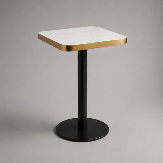 Tavolo da bar alto quadrato in MDF e acciaio, effetto marmo bianco, nero e oro, 60 × 60 × 105 cm