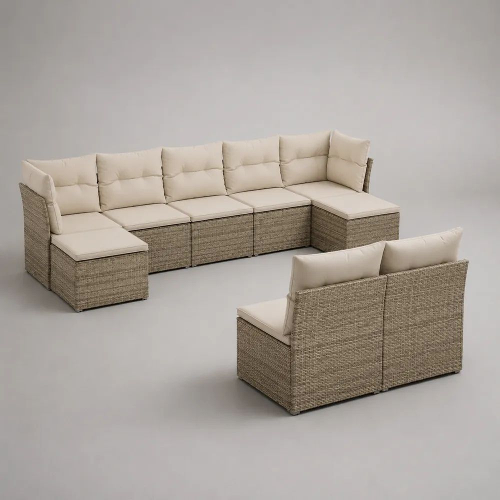 Set divano modulare da giardino 8 pezzi in polyrattan beige tortora con cuscini crema, 390 × 140 × 65 cm