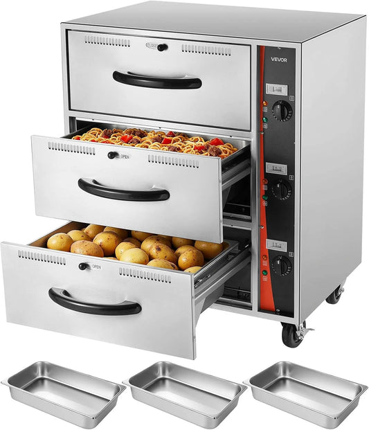 VEVOR Armadio Scaldapiatti in Acciaio Inox 3 Cassetti, Armadio Scaldavivande Elettrico Commerciale, Intervallo di Temperatura 30-85 °C, per Ristorante