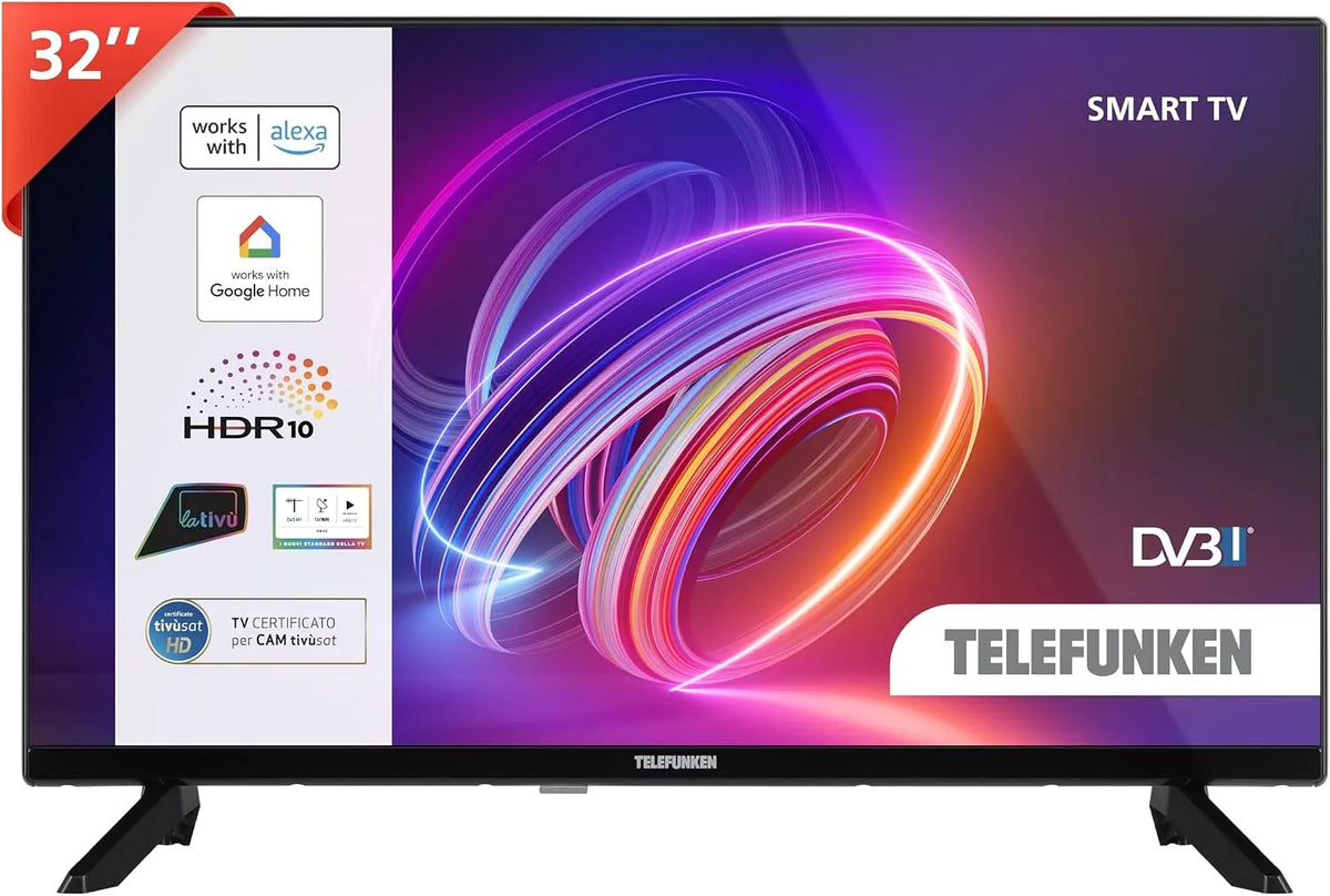 Google TE32750B45I2DZ Smart TV, 32 pollici, televisore, HDR, audio Dolby, DVB-T2, Google Assistant, Alexa e Siri, TELEFUNKEN 2025 Smart TV 32' HD