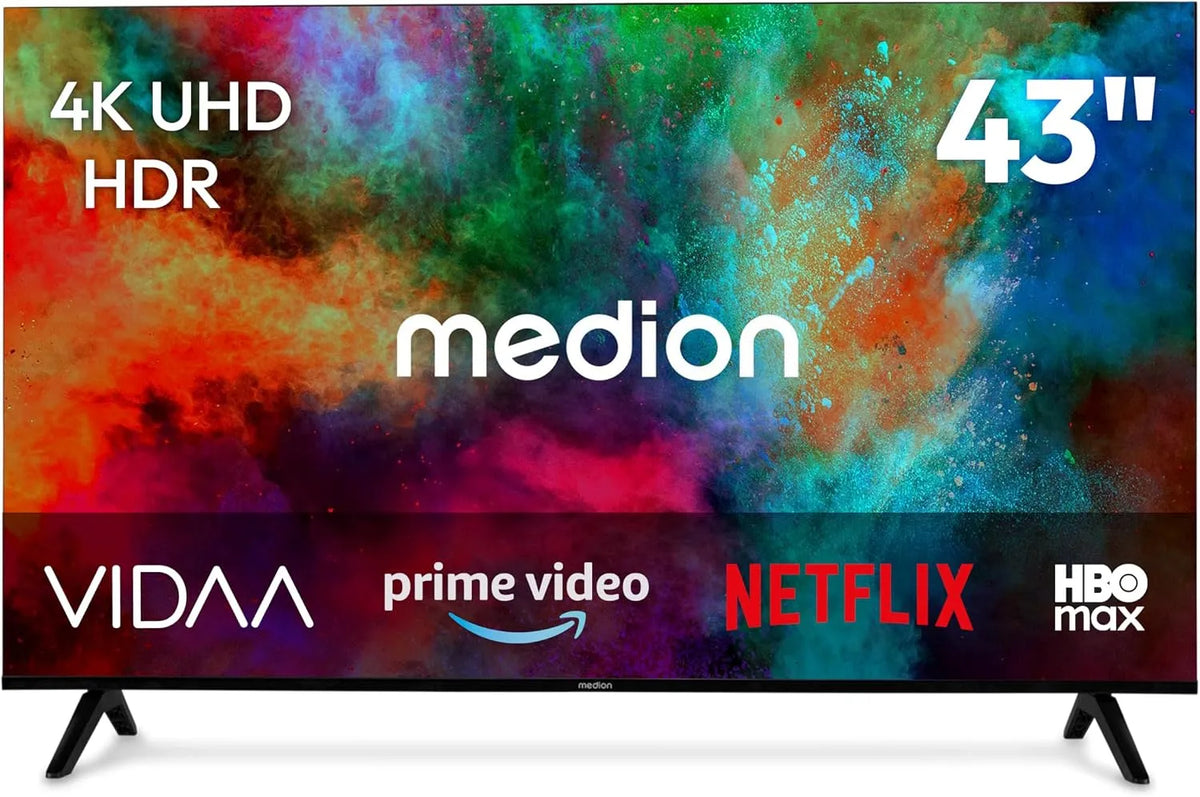 Smart TV MD843201, 43 pollici, televisore, HDR, Bluetooth, registrazione PVR, MEDION 108 cm 43' TV Ultra HD Smart TV HDR10 VIDA Store Prime Video