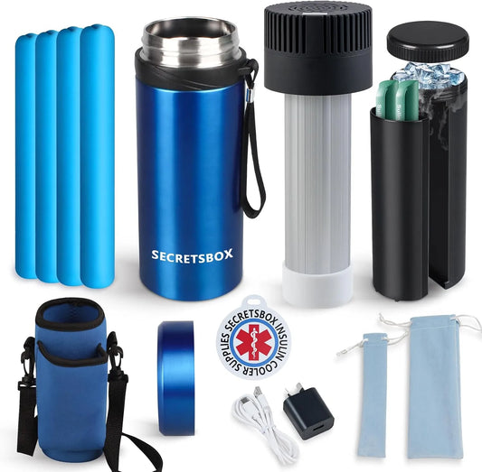 Frigorifero medico portatile, 2 a 8 °C, USB, trasporto di insulina e farmaci, blu, Borse per Diabetici Approvate dalla TSA, 4 Ghiaccio Biogel