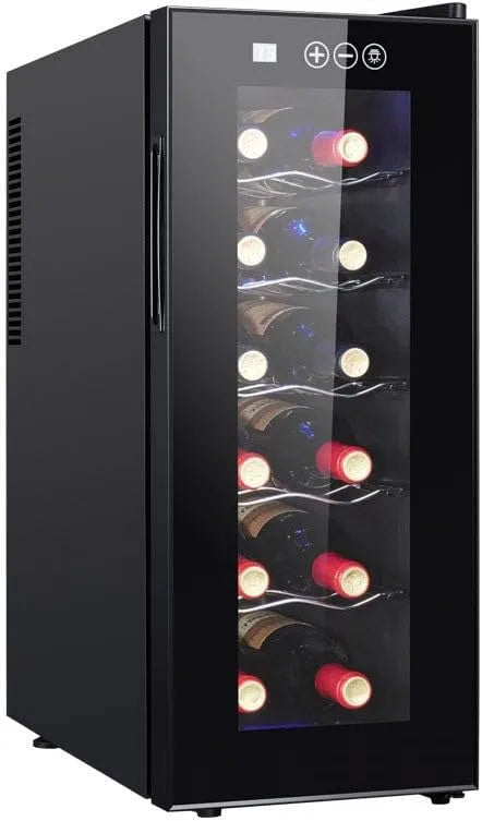 Cantinetta vino, 12 bottiglie, 8 a 18 °C, 2 zone di temperatura, touch, Luci LED, Vetro Anti UV, Ripiani, per Vino Rosso