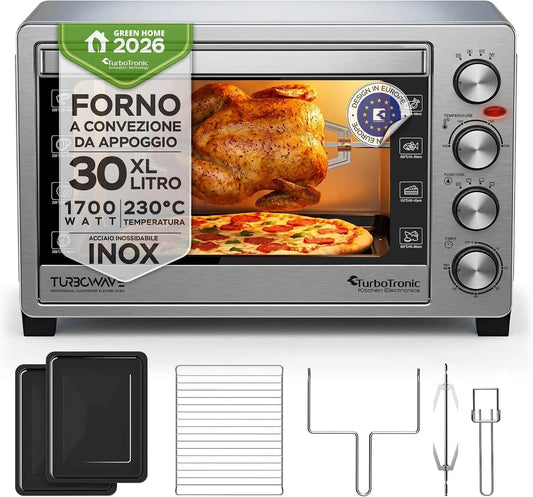 Forno elettrico, 30 L, 1500 W, TurboTronic EVS30, compatto, argento, TurboTronic Fornetto Elettrico EVS30 30L, Mini Forno da Tavolo con Temperatura