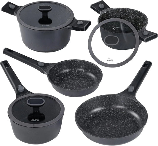 Prodotto Pentole Induzione Alluminio Pressofuso con Coperchio Manico Rimovibile, STONELINE SMART Set Pentole e Padelle 8 Pezzi, Tutti i Tipi di Piani