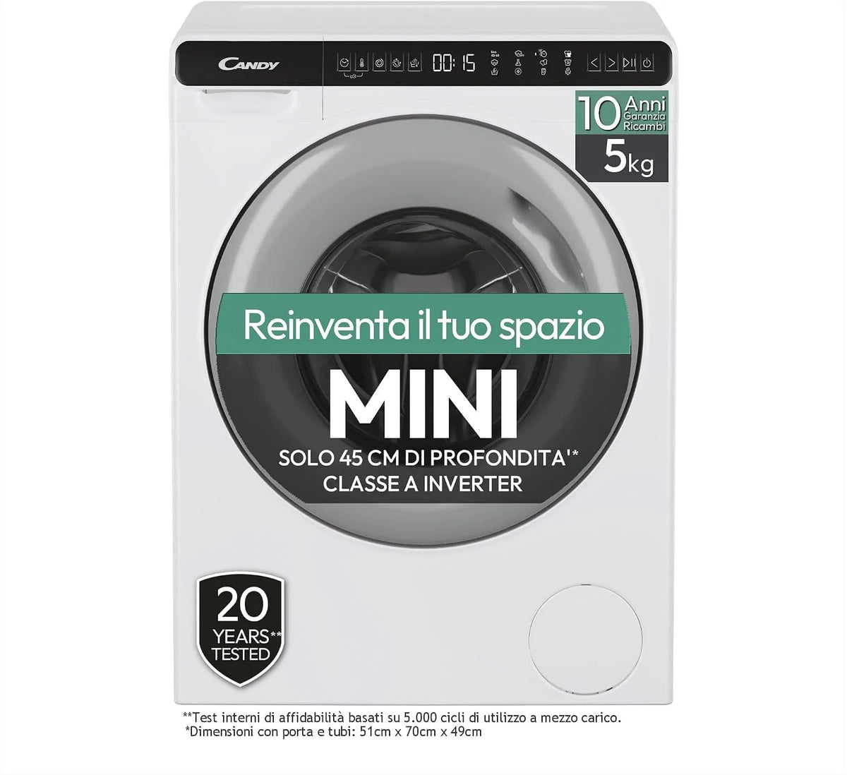 Candy CW50-BP12307G-S Lavatrice, 5 kg, classe energetica A, bianco, 70x51x45, 1200 GIRI, MINIAQUA, LAVATRICE A CARICA FRONTALE, Programmi rapidi