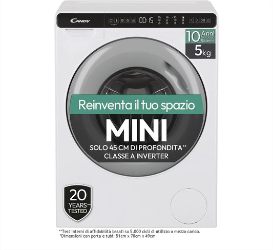 Candy CW50-BP12307G-S Lavatrice, 5 kg, classe energetica A, bianco, 70x51x45, 1200 GIRI, MINIAQUA, LAVATRICE A CARICA FRONTALE, Programmi rapidi