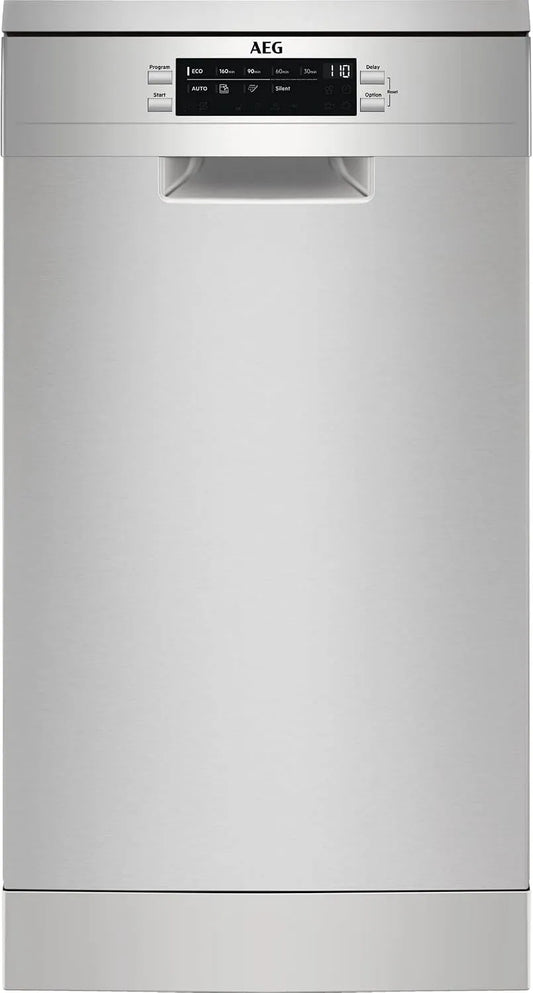 AEG FFB73527ZM Lavastoviglie, 45 cm, 9 programmi, 45 dB, formato slim, Inverter, 2 zone di temperatura, acciaio inox, 10 posate, display, SoftSpikes