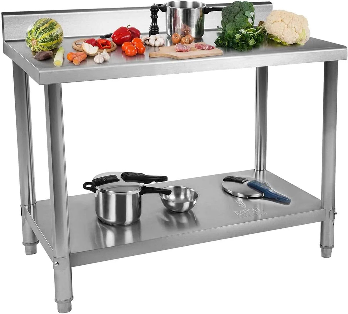 100 x 70 cm, Catering Tavolo da Lavoro Piano di Lavoro per Cucina con Alzatina, Carico max. 250kg, Piedini regolabili, Royal RCAT-100/70-N