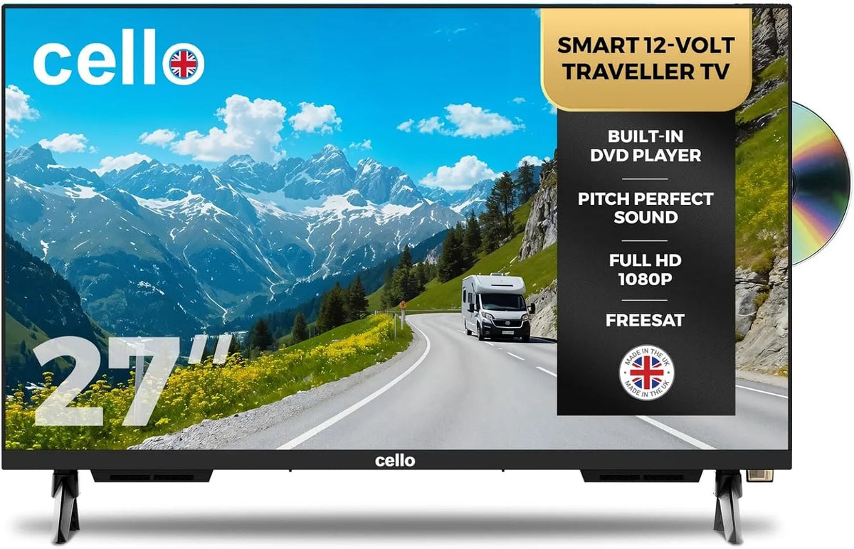 Smart TV, 27 pollici, 12 V, televisore, Cello C2725WSF, webOS, 230V, Freeview Play, Perfect Pitch Sound, ideale per roulotte e camper, prodotta nel