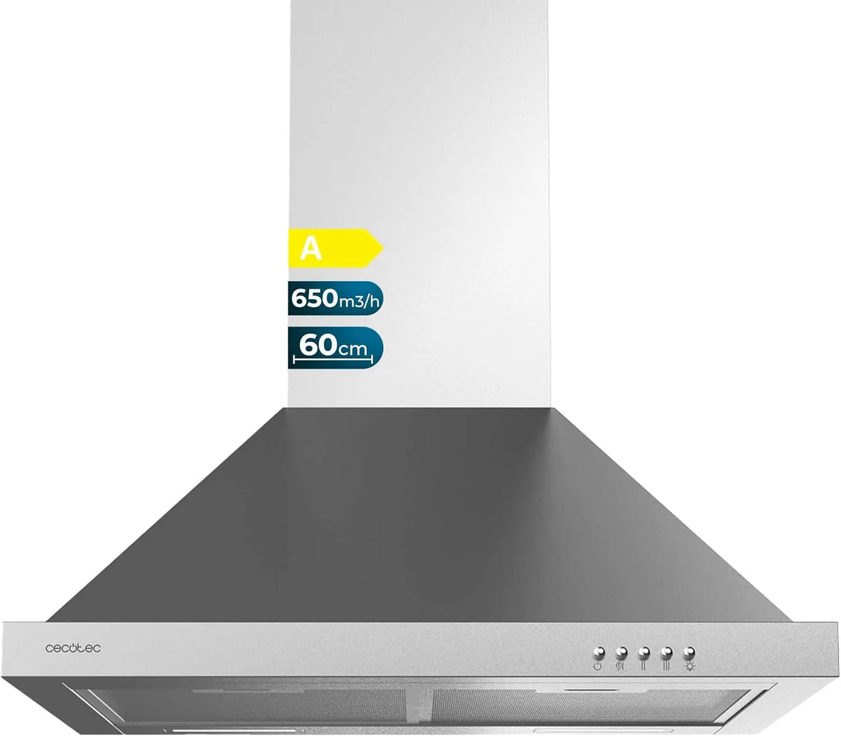 Cecotec Bolero Flux PM m3/h Cappa aspirante, 60 cm, 165 W, 650 m3/h, cappa da cucina, 3 livelli, acciaio inox, finitura inox, controllo meccanico