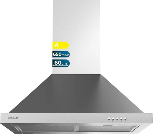 Cecotec Bolero Flux PM m3/h Cappa aspirante, 60 cm, 165 W, 650 m3/h, cappa da cucina, 3 livelli, acciaio inox, finitura inox, controllo meccanico