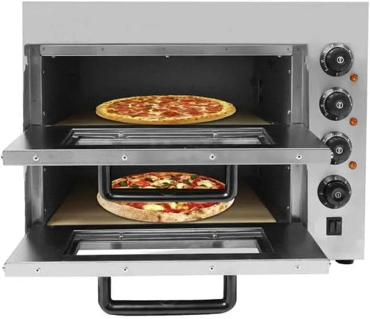 Forno elettrico per pizza, 20 L, 3000 W, 50 a 350 °C, timer, 2 zone di temperatura, acciaio inox, argento, 2 piani