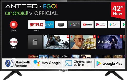 Smart TV, 42 pollici, televisore, Antteq AG42F3, triplo tuner DVB-T2, S2, Wi-Fi, Bluetooth, App Play Store, DAZN, Netflix, Prime Video, 106cm