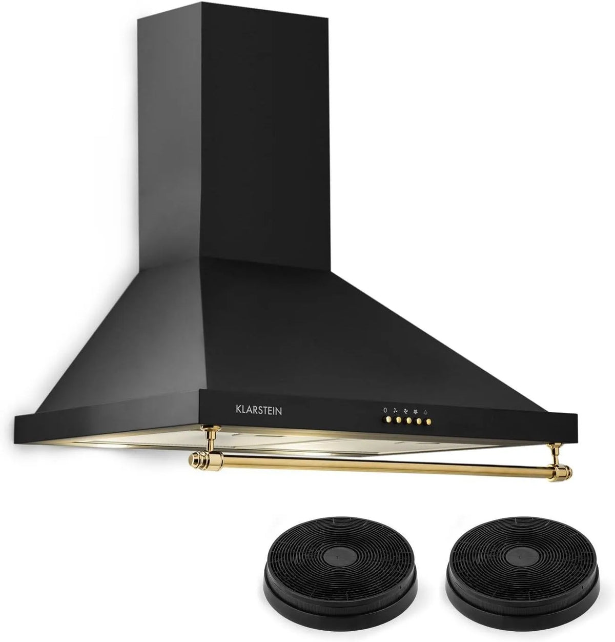 Klarstein Cappa aspirante, 60 cm, 610 m3/h, cappa da cucina, montaggio a parete, 3 livelli, nero, 2 Filtri a Carbone, 610m3, Set di Ricircolo