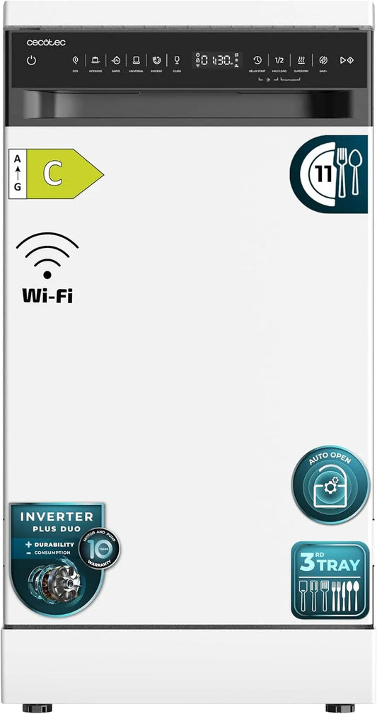 Cecotec Bolero Aguazero 4560 O2Dry Lavastoviglie, 45 cm, 6 programmi, classe energetica C, formato slim, libera installazione, touch, Wi-Fi, bianco