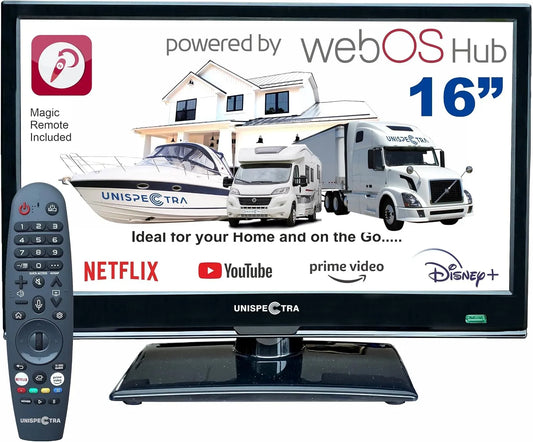 Smart TV, 16 pollici, 12 V, televisore, webOS, HDMI, USB, Full HD, barca, terrestre, caravan, furgone