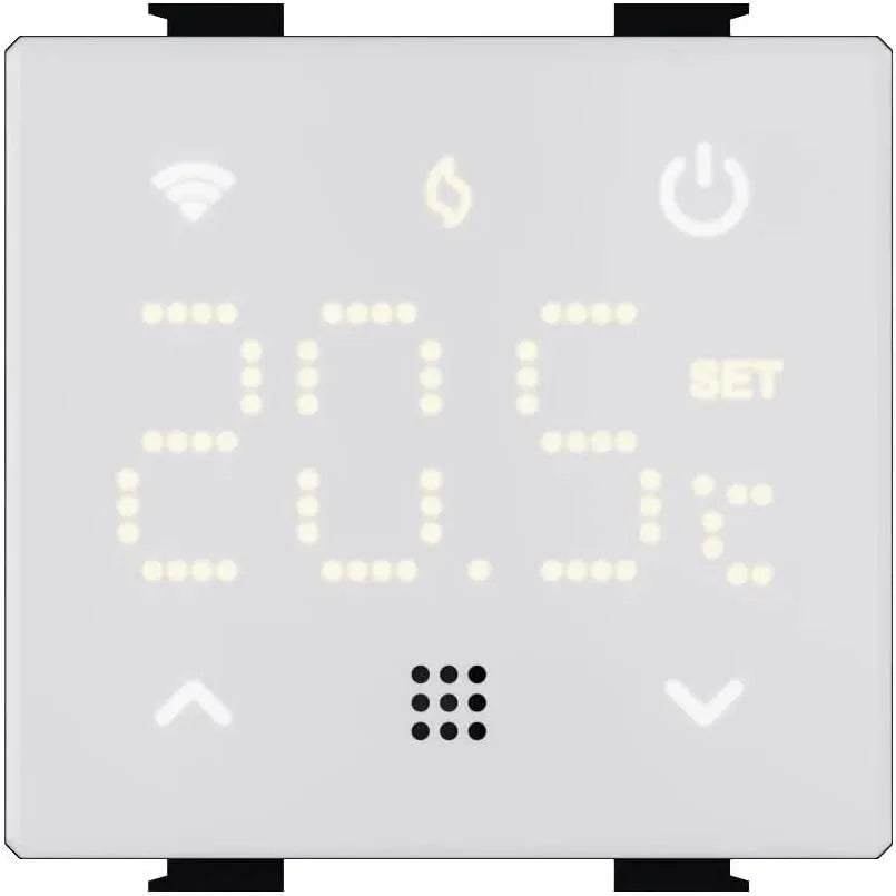 modello LN4102, display LED touch retroilluminato, supporto a 2 moduli, alimentazione 230V, Termostato programmabile da incasso, compatibile con