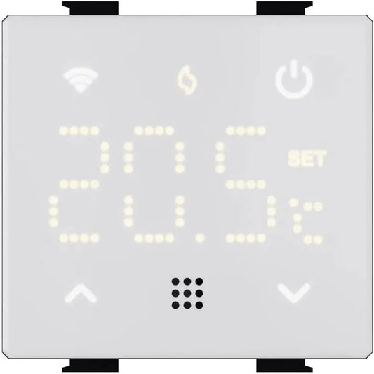 modello LN4102, display LED touch retroilluminato, supporto a 2 moduli, alimentazione 230V, Termostato programmabile da incasso, compatibile con