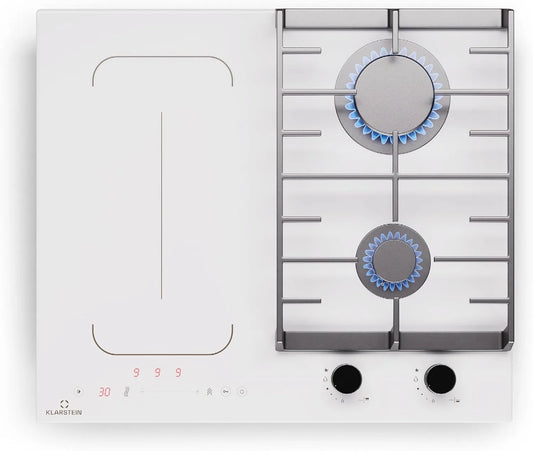 Klarstein 7Kw Piano cottura a induzione, 58, 5 Cm, 4 fuochi, piastra a induzione, timer, zona flessibile, ghisa, bianco, Flexzone, 4 Zone, Stop&Go