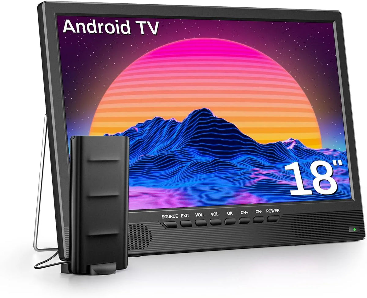 Smart TV, 18 pollici, 12 V, televisore, HDMI, USB, portatile, Android OS, DVB-T2, 12V TV adatta per camper, camere da letto, cucine, campeggi