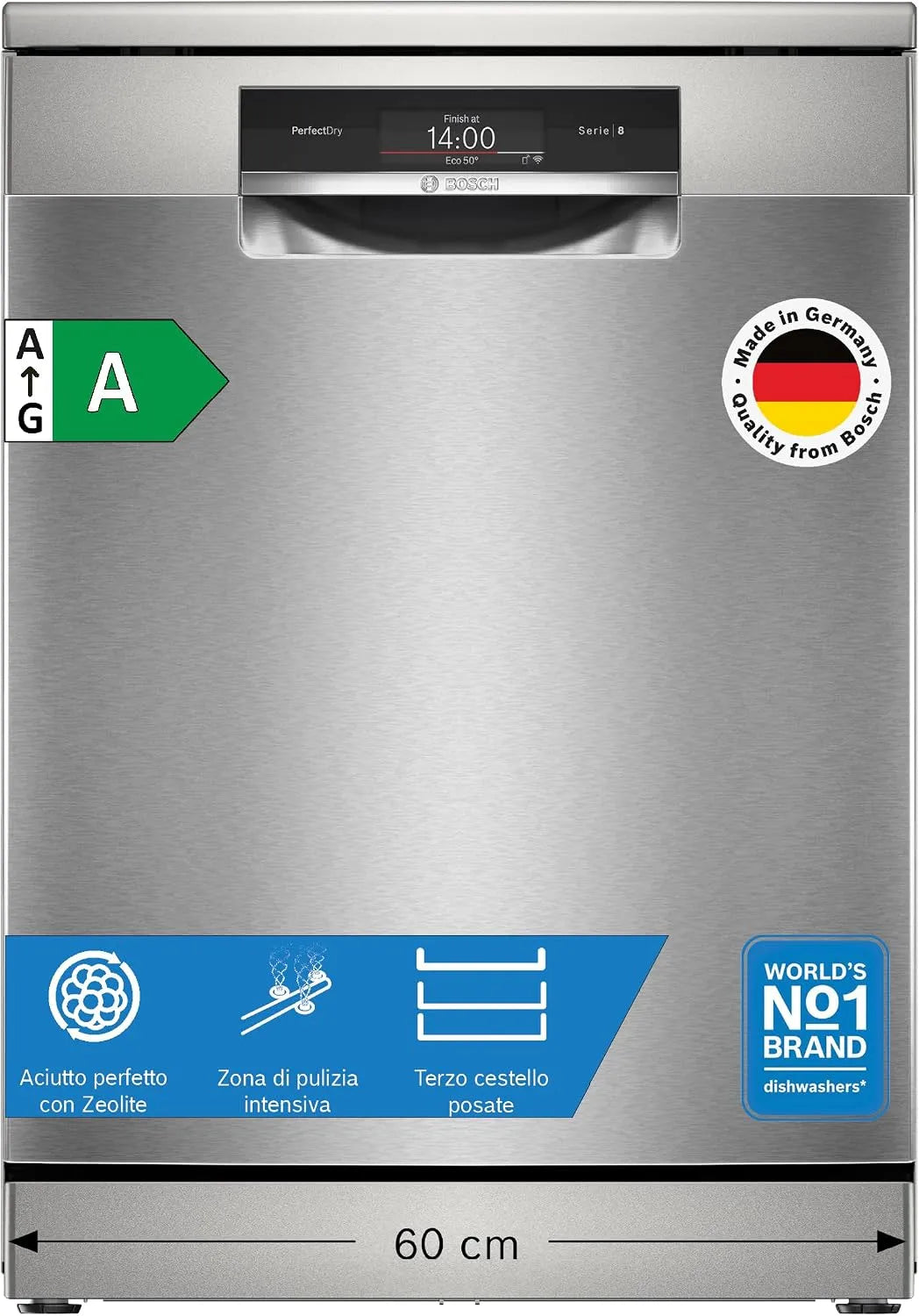 Bosch Serie 8 SMS8TCI04E Lavastoviglie, 60cm, Home Connect, libera installazione, acciaio inox, Cestelli Max Flex Pro, PerfectDry: Asciugatura