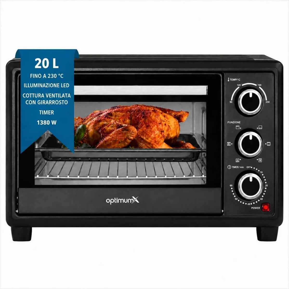Forno elettrico, 20 L, 1380 W, 6 programmi, compatto, nero, Minuteria 60 min, 6 Funzioni di Cottura, Fornetto Ventilato 1380W