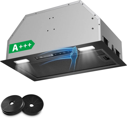 Cappa aspirante, 52cm, 750 m3/h, 64 dB, classe energetica A, cappa da cucina, scarico e ricircolo, illuminazione LED, 3 velocità, da incasso, Boost