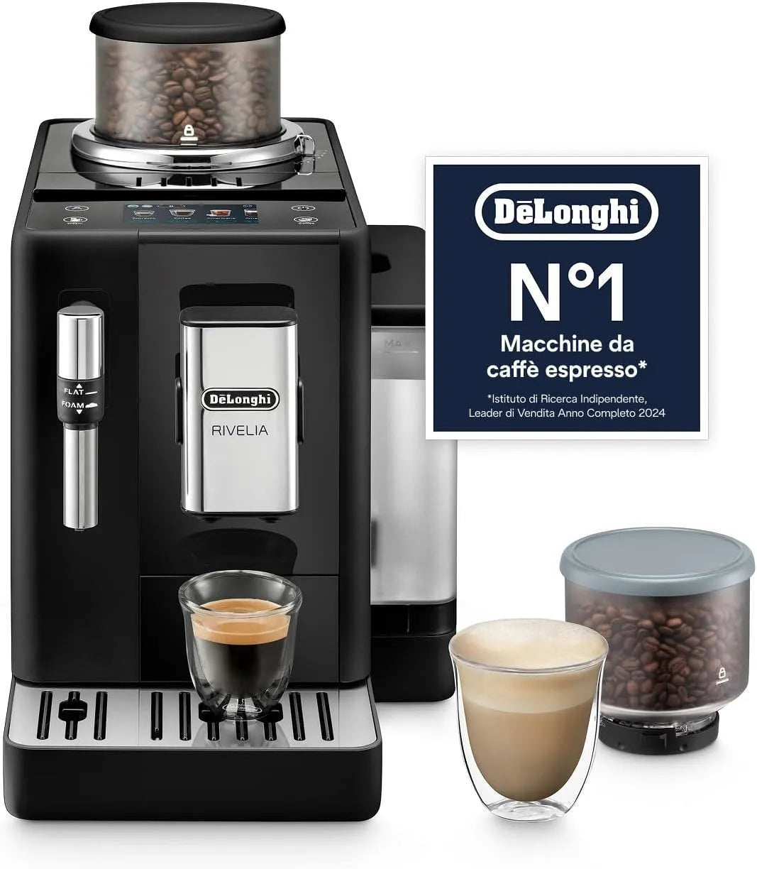 Macchina da caffè automatica EXAM440.35.B, touch, nero, 8 Bevande in un Solo Tocco, De'Longhi Rivelia, Montalatte Classico, Contenitori Chicchi di