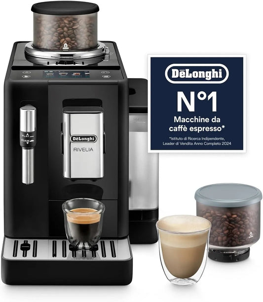 Macchina da caffè automatica EXAM440.35.B, touch, nero, 8 Bevande in un Solo Tocco, De'Longhi Rivelia, Montalatte Classico, Contenitori Chicchi di