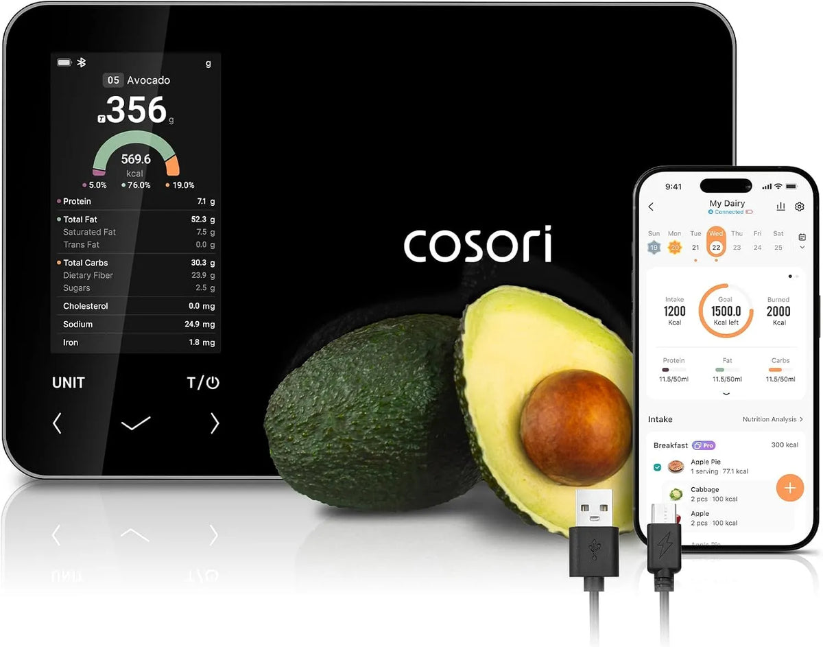 Prodotto scala di conteggio delle calorie premium, COSORI Bilancia da cucina intelligente Nutrilens, scansione AI tramite app gratuita, traccia 19