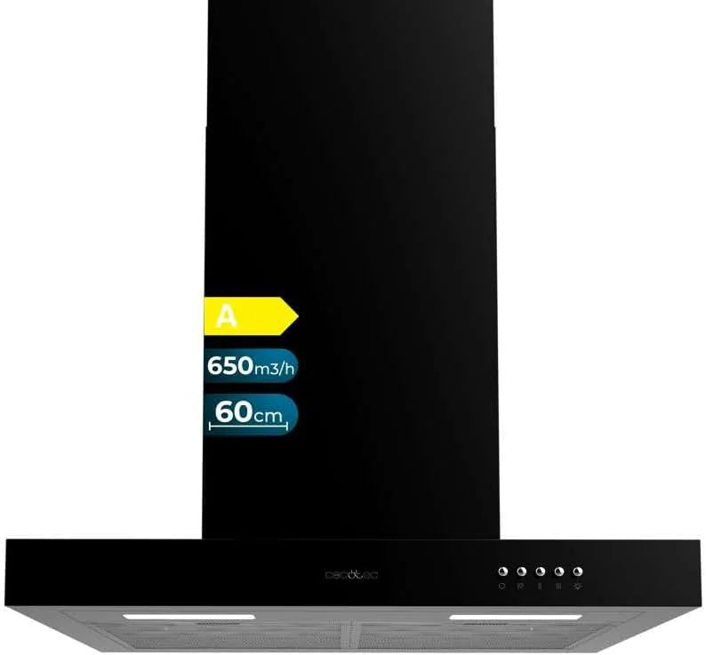 Cecotec Bolero Flux TM m3/h Cappa aspirante, 60 cm, 165 W, 650 m3/h, cappa da cucina, 3 livelli, acciaio inox, nero, decorativo con finitura inox
