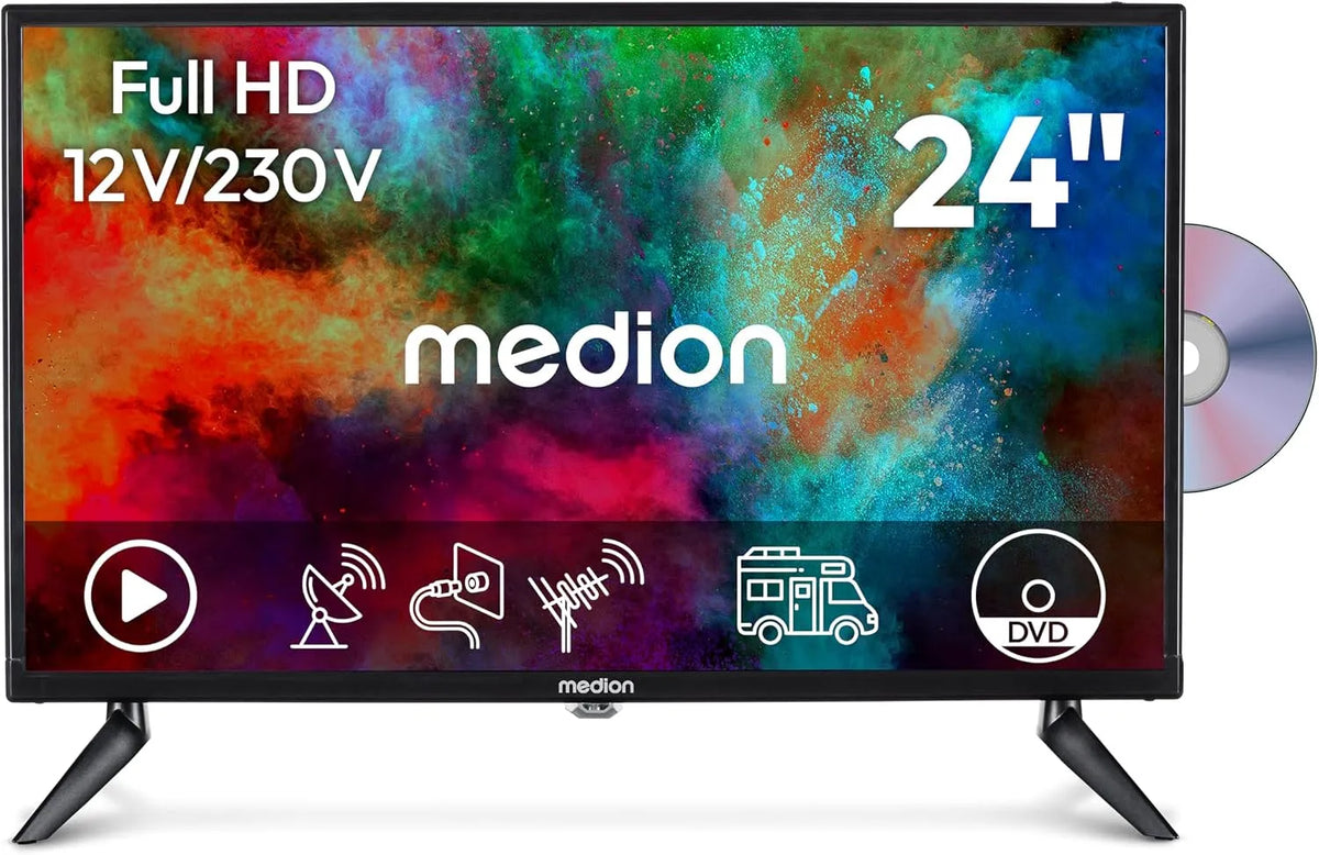 Smart TV, 24 pollici, 12 V, televisore, triplo tuner DVB-T2, S2, HDMI, USB, DVB-S2, Full HD, MD 824001, HEVC, 9 cm, 59, perfetto per campeggio