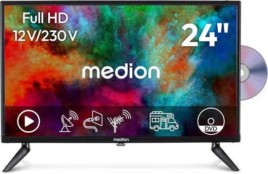 Smart TV, 24 pollici, 12 V, televisore, triplo tuner DVB-T2, S2, HDMI, USB, DVB-S2, Full HD, MD 824001, HEVC, 9 cm, 59, perfetto per campeggio