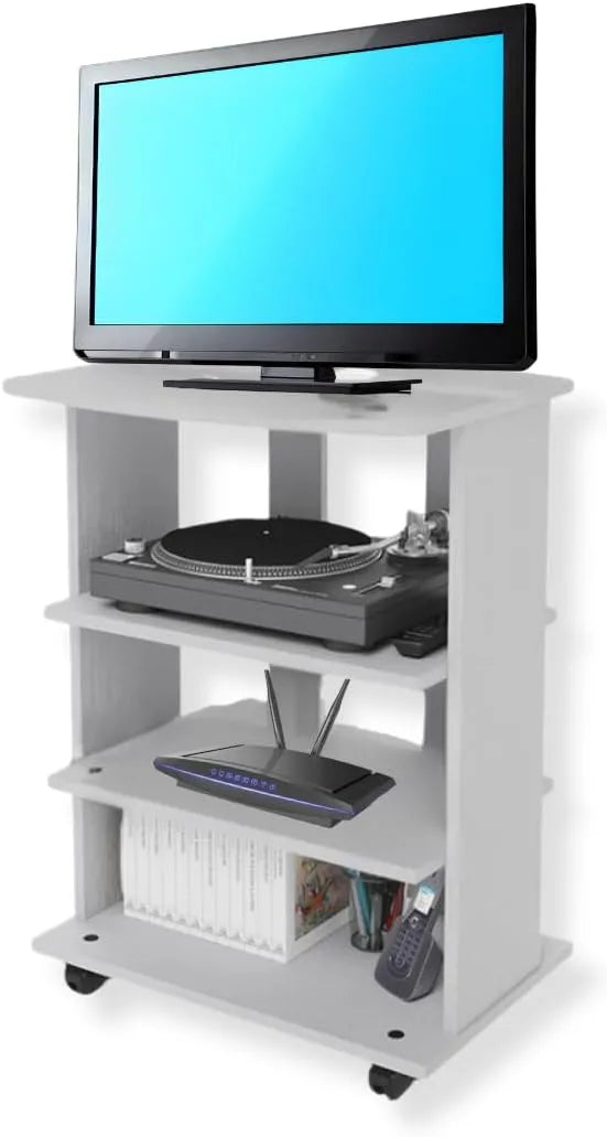 Mobile TV, ruote di trasporto, bianco, MOHOME Mobile Tv Legno MDF 3 Ripiani Mobiletto Bianco Frassinato Carrello Porta Tutto Pavimento Televisore