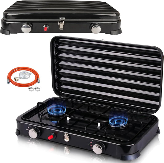 Piano cottura a gas, 2 fuochi, fornello a gas, tubo e regolatore di pressione del gas da 50 mbar, 4 kW