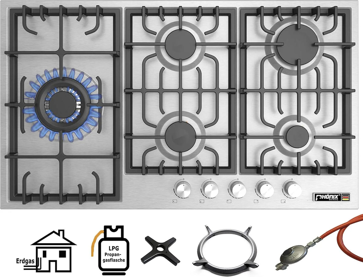 Piano cottura a gas, 905 L, Phönix PS-905L, da incasso, libera installazione, acciaio inox, fornello a gas, 5 piastre di cottura autosufficienti