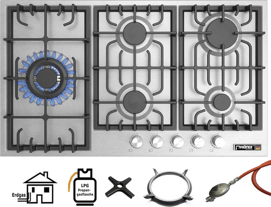 Piano cottura a gas, 905 L, Phönix PS-905L, da incasso, libera installazione, acciaio inox, fornello a gas, 5 piastre di cottura autosufficienti
