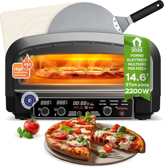 Forno elettrico per pizza, 2200 W, pietra interna ed esterna, giardino per casa, piccolo forno, tavolo e fiamme, con pala