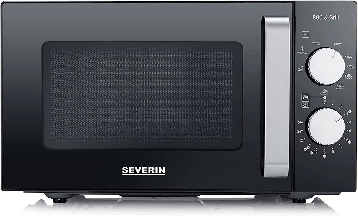 Severin 800W/1000W Forno a microonde, 46, 2x39, 5x27 cm, 20 L, 800/1000 W, grill, libera installazione, acciaio inox, nero, Fondo Piatto in Ceramica